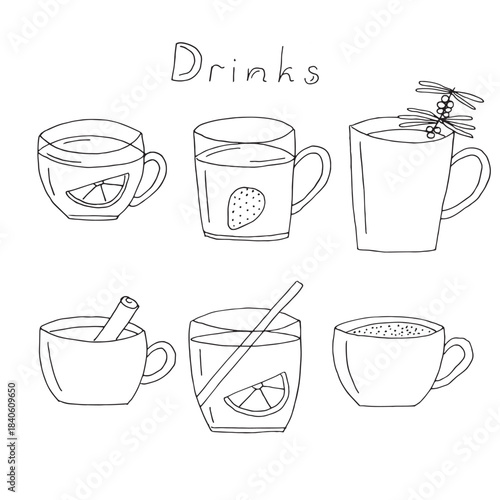 Hot drinks set of elements, hand drawing, vector illustration