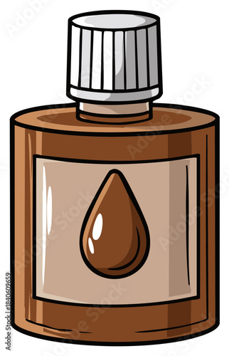 Cartoon illustration of a brown bottle with a screw cap and a liquid drop symbol on the label