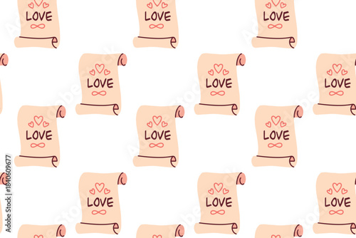 Repeatable background featuring vintage manuscripts with Love text. Romantic texture suitable for packaging, scrapbooking, and holiday web design.