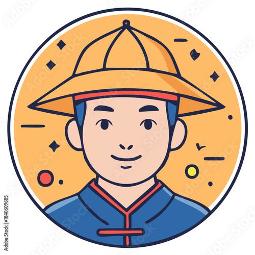 Cartoon icon of a smiling Asian man in a traditional conical hat and cultural attire
