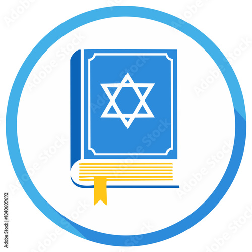 Jewish book in blue and white design, with star of David symbol inside a circular frame