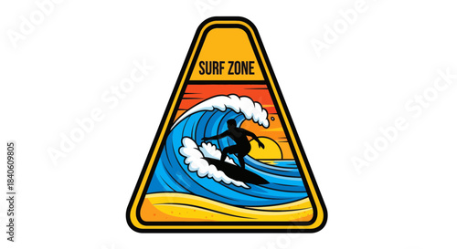 Illustrated Surf Zone Badge Featuring Surfer Riding A Massive Ocean Wave At Sunset