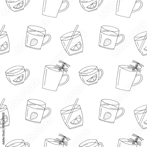 Hot drinks seamless pattern, hand drawing, vector illustration