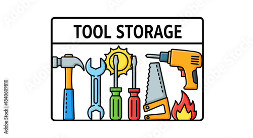Illustrated Tool Storage Sign Featuring Construction and Repair Devices on White