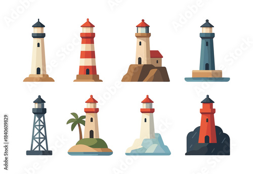 Lighthouse flat vector illustrations. Lighthouse vector set