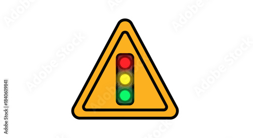 Illustrated Traffic Signal Warning Sign Depicting Red, Yellow, Green Lights and Caution
