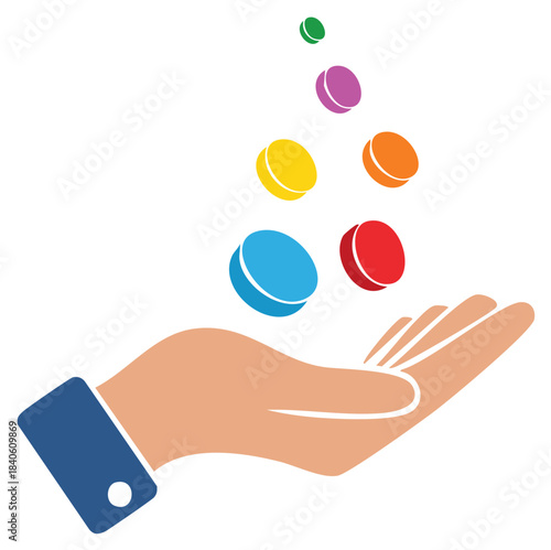 Colorful discs falling into open hand, abstract graphic illustration