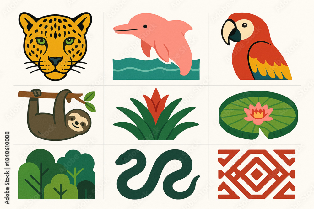 Fototapeta premium Amazon wildlife vector grid with jaguar dolphin macaw sloth rainforest plants and indigenous patterns