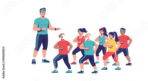 Group Exercise Class Under Guidance Promoting Physical Fitness And Wellbeing In Illustration