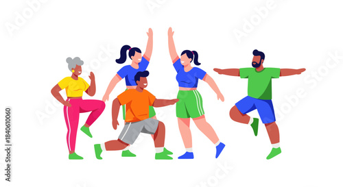 Group Fitness Illustration Depicting Healthy Lifestyle and Energetic Exercise Activities