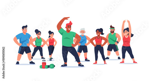 Group Exercise Illustration Depicting Healthy Lifestyle, Fitness, and Enthusiastic Participation