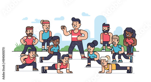 Group Exercise Illustration Depicting Fitness Motivation and Healthy Lifestyle Activities