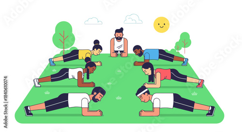 Group Fitness Workout Demonstrates Planking Outdoor Exercise With Trainer Instruction