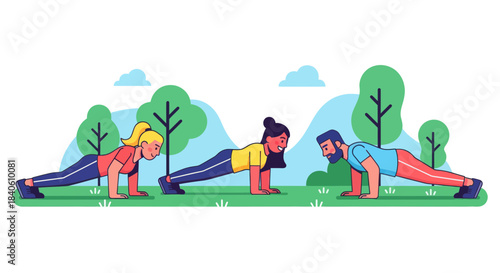 Group Fitness Workout In Park Illustrates Health And Wellbeing Improvement