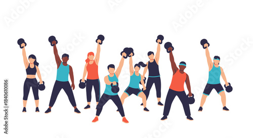 Group Fitness Activity Demonstrating Kettlebell Exercise, Lifting Weights for Physical Wellbeing