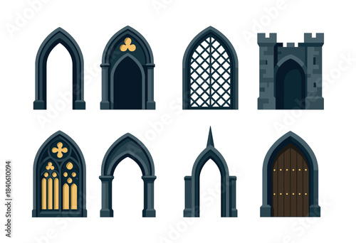 Gothic architecture elements, windows, doorways, flat vector illustration