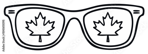 Hip sunglasses reflecting maple leaves in lenses, a simple monochrome graphic, vector drawing for summer fun
