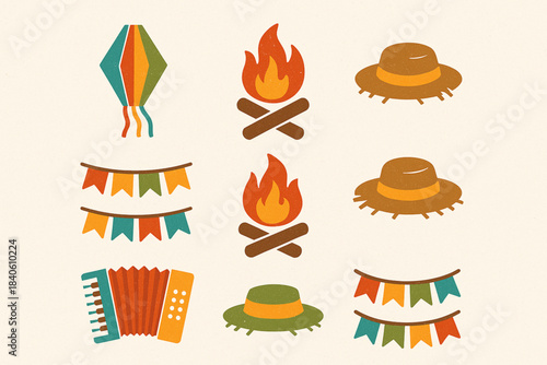 Brazilian Festivals Icon Set Sao Joao Lanterns Bonfires Festa Junina Hats Flags Accordion Flat Vector Grid