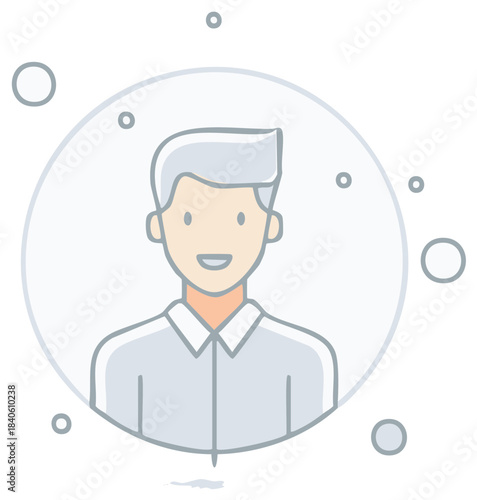 Smiling Avatar Character with Grey Hair and Shirt in White Circle with Accompanying Bubbles