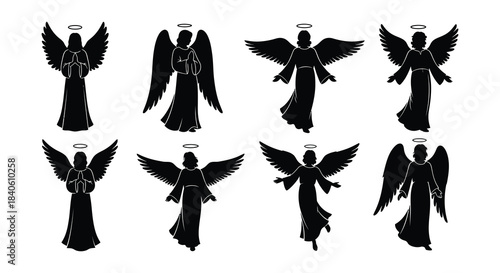 Vintage illustration of various angelic figures in black silhouette style