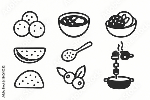 Brazilian food vector icon set with pão de queijo feijoada brigadeiro açaí and churrasco