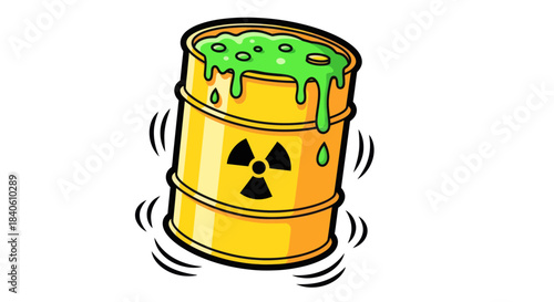 Hazardous Material Yellow Barrel With Green Spillage and Deadly Radiation Symbol Isolated