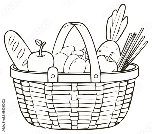 Outline illustration of a woven basket filled with fresh fruits vegetables and bread