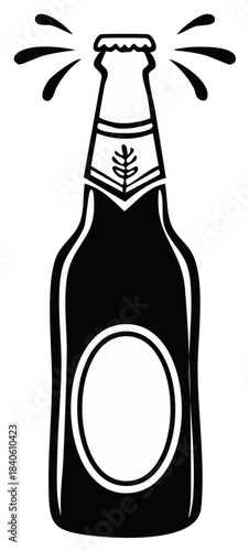 Stylized black and white graphic illustration of a beer bottle opening with a dynamic fizz and splashing liquid