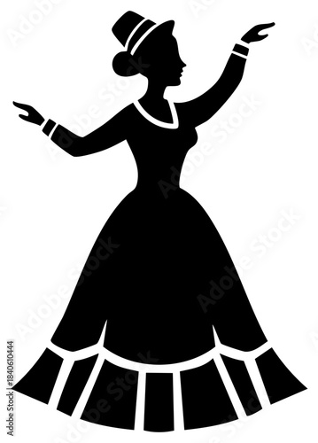 Silhouette of a woman in a vintage dress and hat gesturing expansively