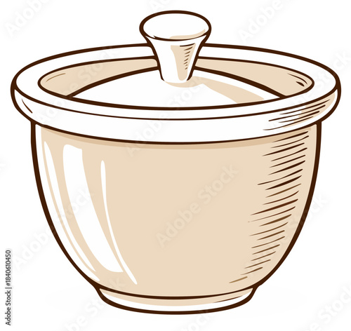 Ceramic Sugar Bowl with Lid Illustration, Kitchen Tableware Utensil, Serving Container for Condiments, Cream Container