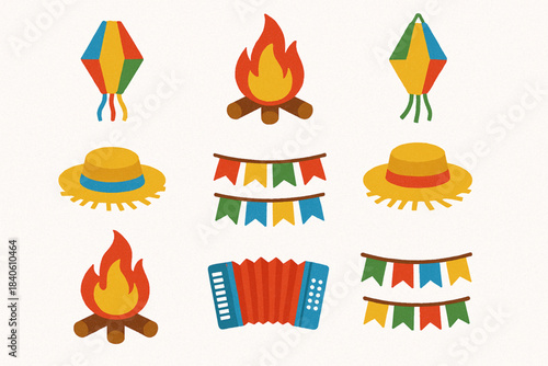 Brazilian Festivals Icon Set Sao Joao Lanterns Bonfires Festa Junina Hats Flags Accordion Flat Vector Grid