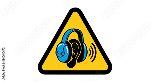 Hearing Protection Warning Sign Depicting Headphones and Ears for Noise Awareness