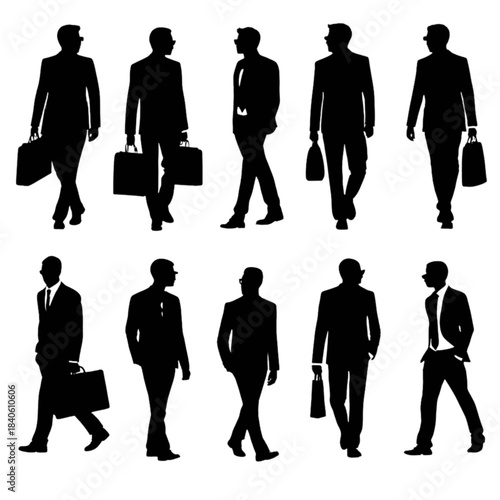 Silhouettes of businessmen walking and standing with briefcases