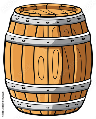 Classic wooden barrel with metal bands perfect for storing various liquids like wine beer or spirits in a cartoon style.