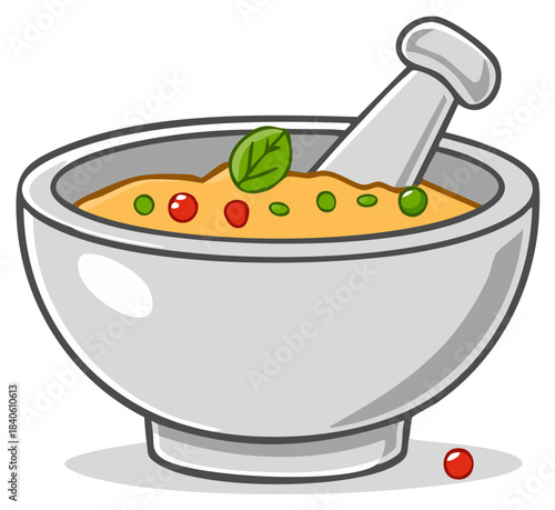Cartoon Style Mortar and Pestle with Sauce and Green Leaf in Bowl