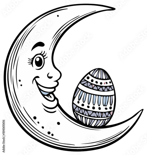 Happy anthropomorphic crescent moon with a decorative patterned egg, outline illustration