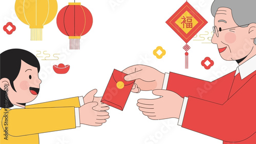 A charming flat design illustration showing an elder person giving a red envelope (angpao) to a happy child during Chinese New Year, symbolizing blessings and good fortune