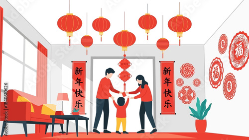 This flat design illustration portrays a happy family collaboratively decorating their home with traditional red lanterns and couplets in preparation for Chinese New Year. 