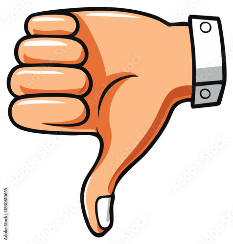 Cartoon hand with thumb down gesture, disagreement and negative feedback