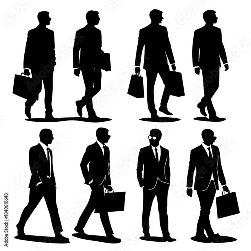Silhouettes of businessmen walking and standing with briefcases