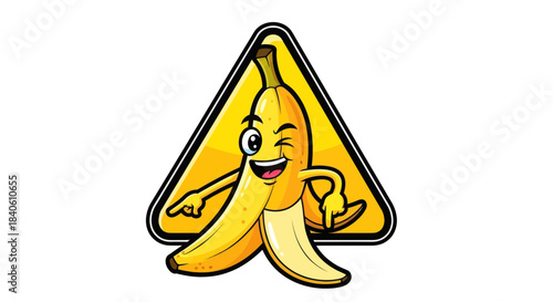 Humorous Banana Character In A Warning Triangle, Winking And Pointing
