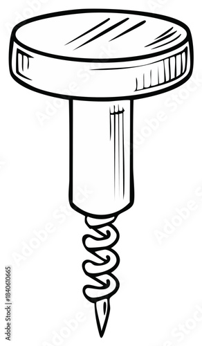 Black and white line art of a push pin with a spiral corkscrew point vector illustration