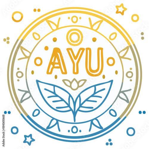 Circular decorative design with botanical leaves and text in shades of blue and yellow