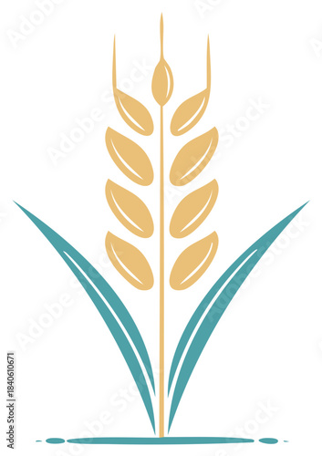 Stylized wheat stalk icon with golden grain and leaves vector graphic for agriculture and bakery logo