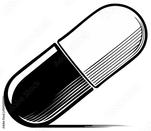Black and white illustration of a pill, medicine capsule with line art detail and vector drawing. Medical treatment remedy.