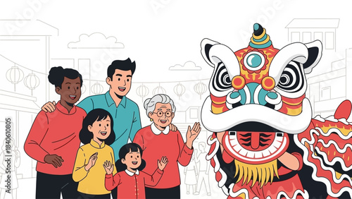 This vibrant flat design illustration showcases a multi-generational family excitedly watching a dynamic lion dance performance during Chinese New Year celebrations