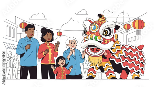 This vibrant flat design illustration showcases a multi-generational family excitedly watching a dynamic lion dance performance during Chinese New Year celebrations