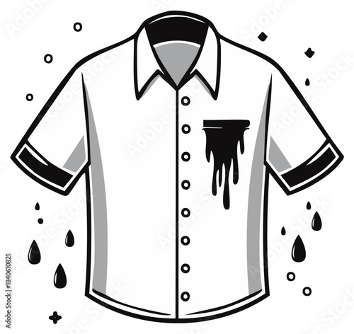 White short sleeve button-up shirt with black paint spill on chest pocket dripping down