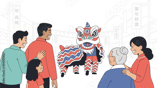 This vibrant flat design illustration showcases a multi-generational family excitedly watching a dynamic lion dance performance during Chinese New Year celebrations