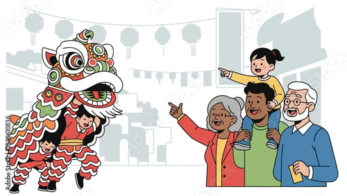 This vibrant flat design illustration showcases a multi-generational family excitedly watching a dynamic lion dance performance during Chinese New Year celebrations